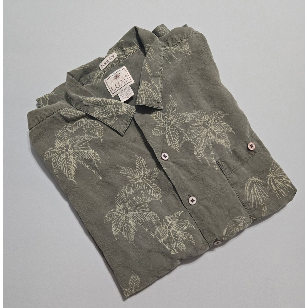 Luau Silk Shirt Mens Large Hawaiian Olive Palm Tree Print Aloha Button Down